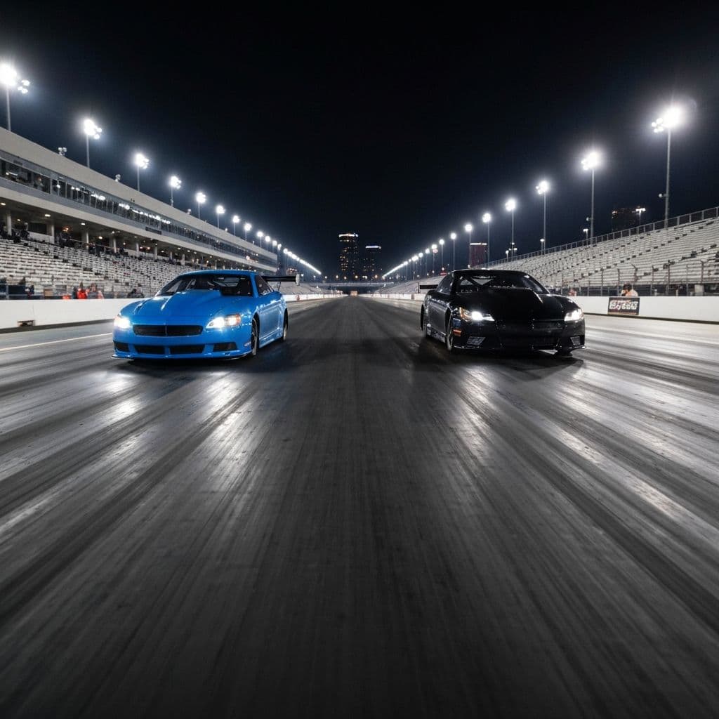 Drag racing strip at night with two sports cars at the starting line